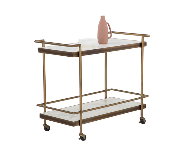 Sunpan Contardi Bar Cart - Elegant Rustic Bronze Frame with Marble-Look Concrete Shelves for Indoor/Outdoor Use