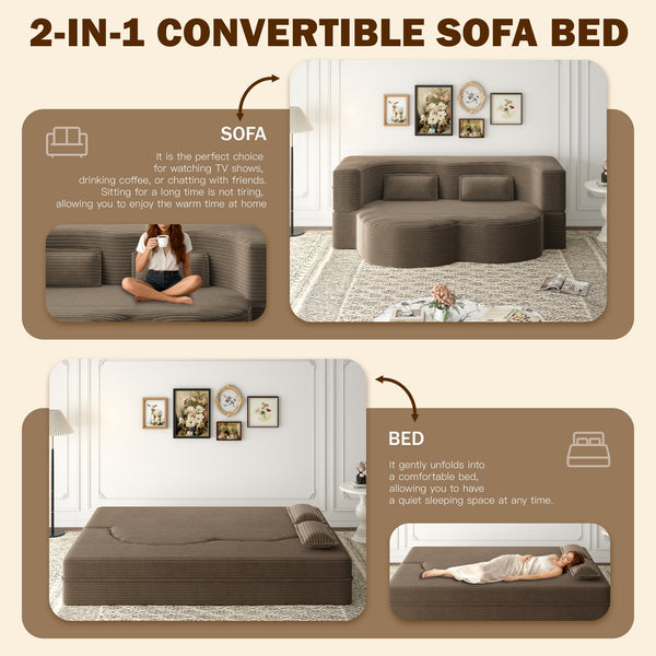 English Elm Modern Full Size Folding Sofa Bed with Plush Corduroy, 2 Pillows, 15" Foam Mattress, No Assembly Required Coffee W1885P347086