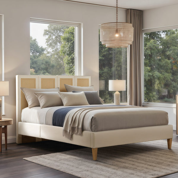 English Elm Jennifer Taylor Home - Toscana Queen Upholstered Cane Back Bed - Coastal Elegance In Antique White With Rattan Panels B2719P385736