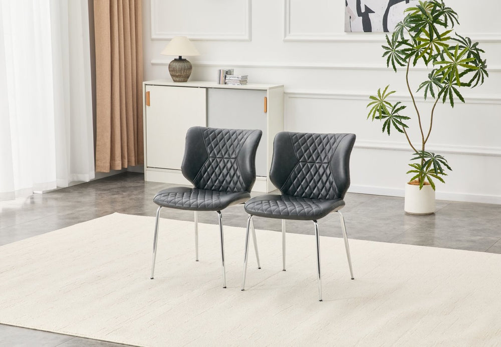 English Elm Dark Oil Waxed Faux Leather Dining Chair Set with Diamond Tufted High Back Metal Legs Dark Gray W3493P444894