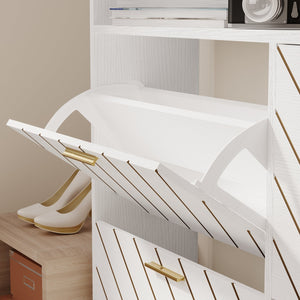 English Elm shoe cabinet Rustic Herringbone Flip-Drawer Organizer for Narrow Spaces, Dust-Proof Entryway Storage White W2227P207769