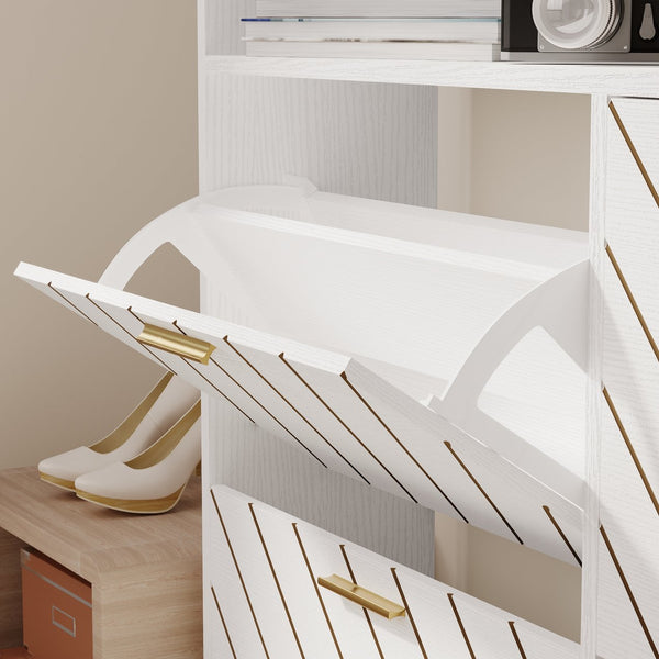 English Elm shoe cabinet Rustic Herringbone Flip-Drawer Organizer for Narrow Spaces, Dust-Proof Entryway Storage White W2227P207769
