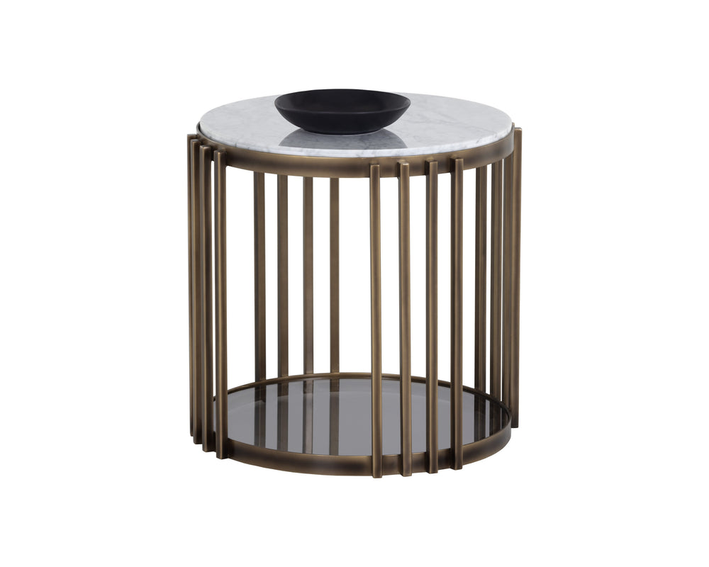 Sunpan Naxos Side Table - Elegant Carrara Marble & Smoked Glass Design with Rustic Bronze Frame for Luxury Spaces