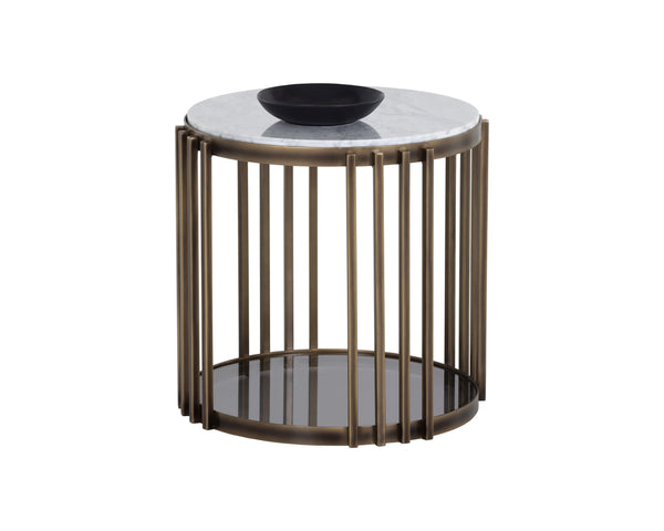 Sunpan Naxos Side Table - Elegant Carrara Marble & Smoked Glass Design with Rustic Bronze Frame for Luxury Spaces