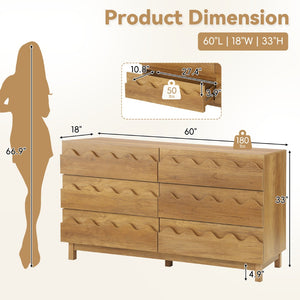 English Elm 60" Wave Front Six Drawer Dresser Sculptural Engineered Wood Media Console for Bedroom Oak N739S0000011N