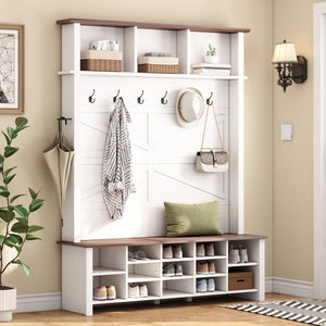 English Elm ON-TREND Farmhouse 4-in-1 Hall Tree with 6 Hooks, Walnut Bench, 16 Compartments, Rustic Entryway Organizer White N721P264915K