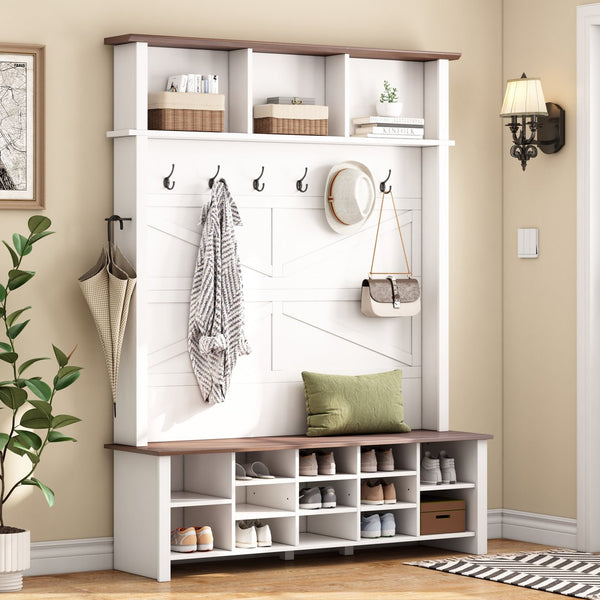 English Elm ON-TREND Farmhouse 4-in-1 Hall Tree with 6 Hooks, Walnut Bench, 16 Compartments, Rustic Entryway Organizer White N721P264915K