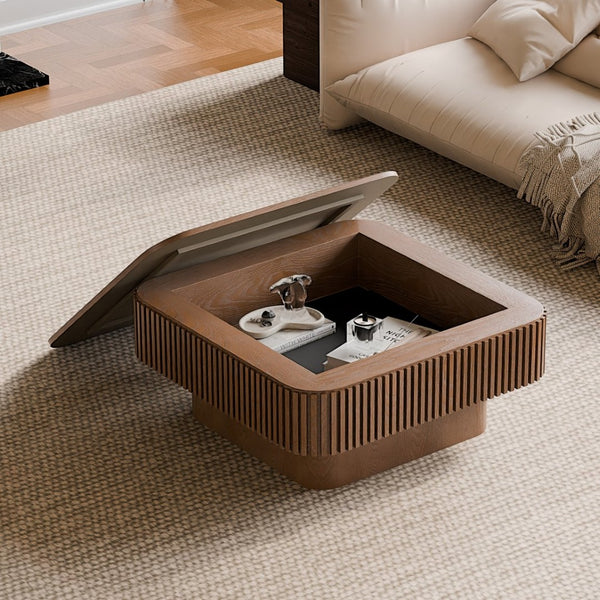 English Elm 31.5'' Square Wood Veneer Flip Top Storage Coffee Table with Slat Detail for Living Rooms Walnut W1435P375246