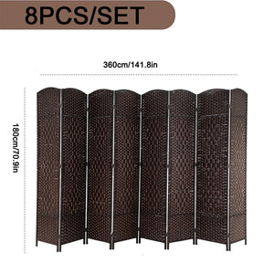 English Elm 8 Panel Room Divider with Hand-Woven Fiber Straps, Solid Wood Folding Screen for Privacy & Style Walnut Brown W3198P299186