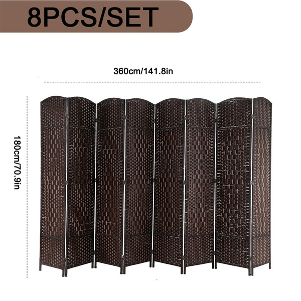 English Elm 8 Panel Room Divider with Hand-Woven Fiber Straps, Solid Wood Folding Screen for Privacy & Style Walnut Brown W3198P299186