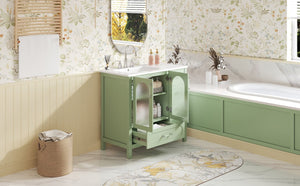 English Elm 36" Green Bathroom Vanity with Waffle Texture Doors, 4 Drawers, Glass Panels, Soft-Closing, Modern Storage N710P280025C