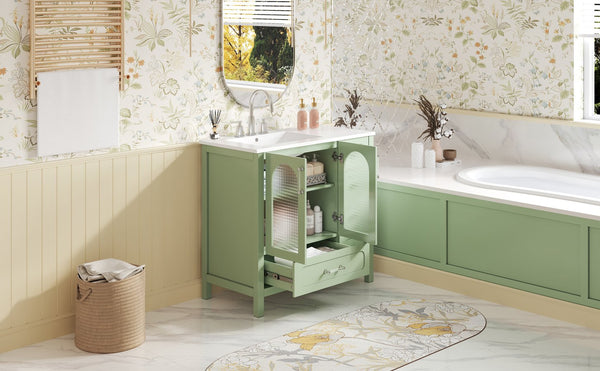 English Elm 36" Green Bathroom Vanity with Waffle Texture Doors, 4 Drawers, Glass Panels, Soft-Closing, Modern Storage N710P280025C