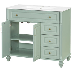 English Elm 36" Forest Green Rubberwood Bathroom Vanity with Ceramic Sink and Golden Hardware N725P356069F