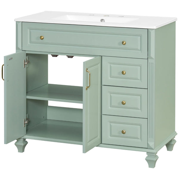 English Elm 36" Forest Green Rubberwood Bathroom Vanity with Ceramic Sink and Golden Hardware N725P356069F