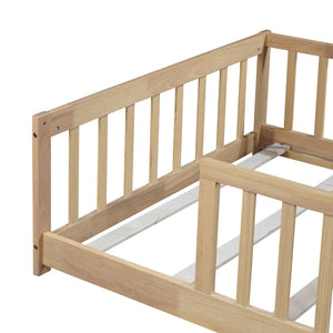 English Elm Twin Low Profile Rubberwood Floor Bed with Full Safety Fence for Toddler Rooms Natural W504P429336