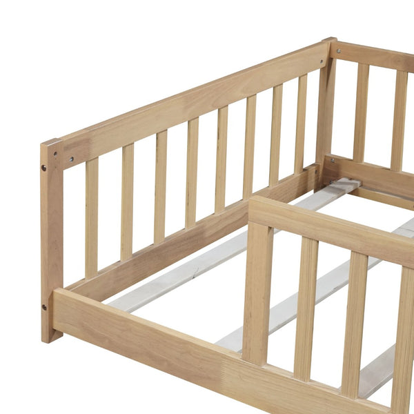English Elm Twin Low Profile Rubberwood Floor Bed with Full Safety Fence for Toddler Rooms Natural W504P429336