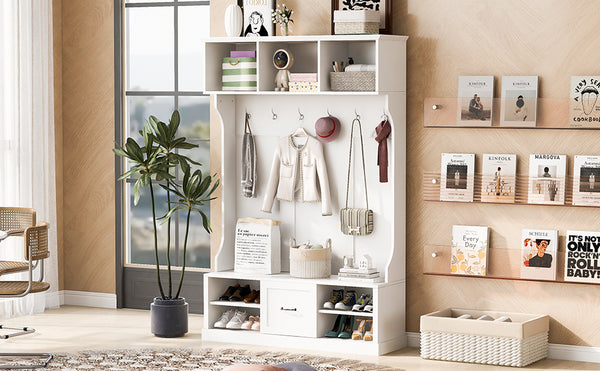 English Elm U-Can 57'' Hall Tree with Bench, Drawer & Shelves for Entryway Organizing and Stylish Storage White N724P264673K