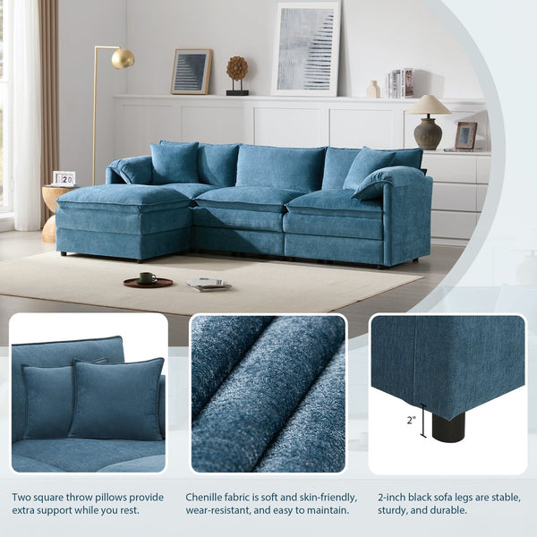 English Elm 103" Chenille Modular Sectional Sofa with Deep Wide Seats Double Cushions Removable Ottoman Luxurious Comfort for Living Room Blue N723S8687C