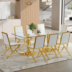 English Elm Table and 8 Chair Dining Set Tempered Glass Top with Gold Metal Framed Pu Seating Transparent,White+Gold W1151S04775