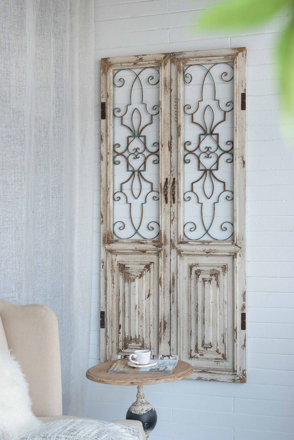 English Elm 15.8x66.9" Reclaimed Solid Wood Decorative Door Panel with Distressed White Finish & Metal Grillwork W2078P313325