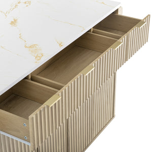 English Elm K&k Fluted Rolling Kitchen Island Faux Marble Top Power Outlet Storage Drawers Natural N707P353945Y