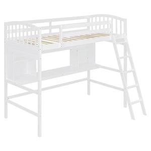 English Elm Twin Loft Bed with Built-in Desk Corner Shelves and Ladder Solid Pine White Frame LT100140KAA