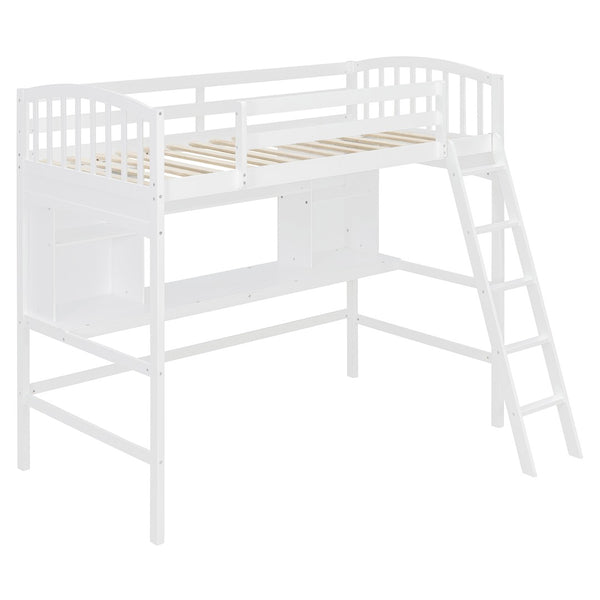 English Elm Twin Loft Bed with Built-in Desk Corner Shelves and Ladder Solid Pine White Frame LT100140KAA