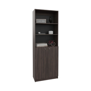 English Elm 2-Door Engineered Wood Bookcase with Upper Open Shelves, Dark Walnut & Black, Sturdy Storage Solution B097P350332