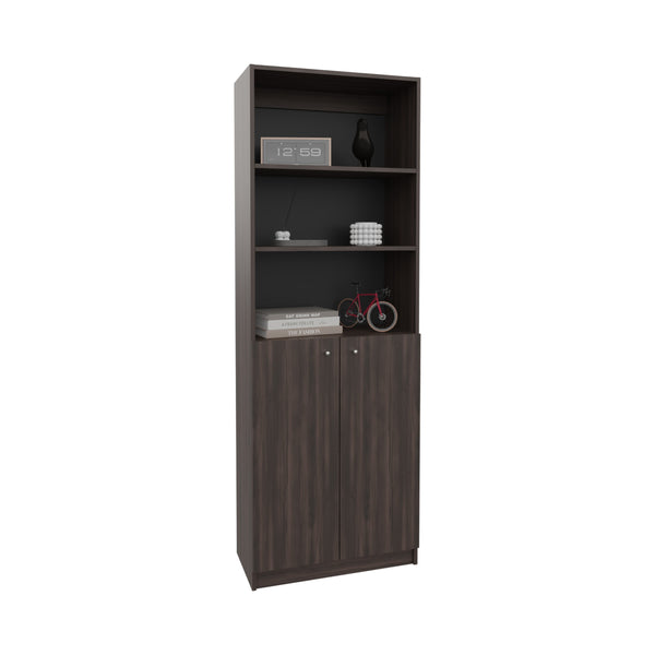 English Elm 2-Door Engineered Wood Bookcase with Upper Open Shelves, Dark Walnut & Black, Sturdy Storage Solution B097P350332