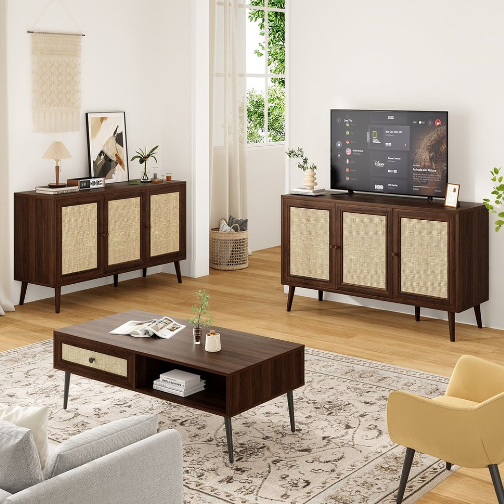 English Elm Sideboard Buffet Cabinet With 3 Rattan Doors - Stylish Walnut Storage For Entryway & Living Spaces T3623P380306-GIGA