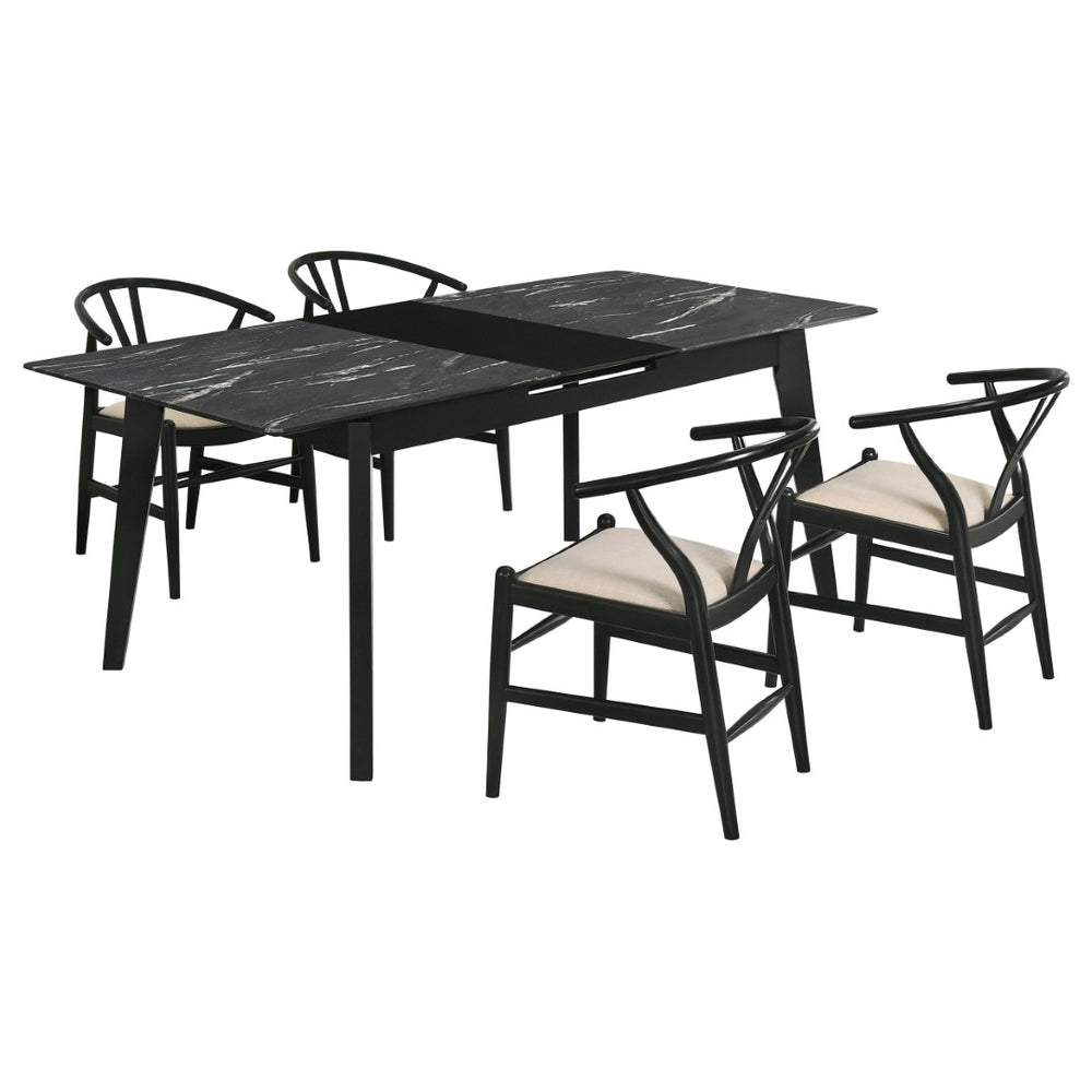 English Elm Spivey Mid-century Faux Marble Extendable Dining Set with Wishbone Chairs Seats Four B062S01471