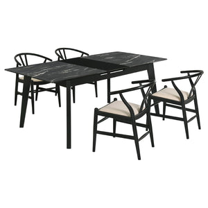 English Elm Spivey Mid-century Faux Marble Extendable Dining Set with Wishbone Chairs Seats Four B062S01471