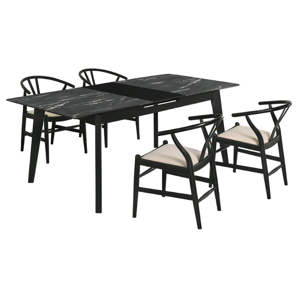 English Elm Spivey Mid-century Faux Marble Extendable Dining Set with Wishbone Chairs Seats Four B062S01471