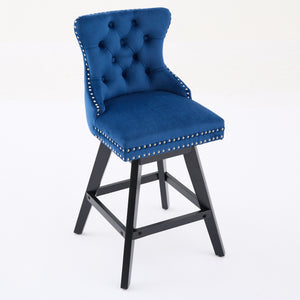 English Elm Swivel Velvet Barstool with Tufted Back, 360° Swivel, Plush Foam & Steel Spring Seat, Sturdy Wood Frame (Set of 2) Blue W1143P241331