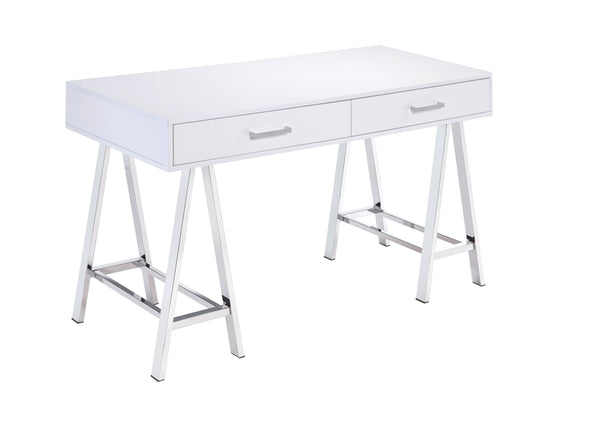 English Elm Coleen White High-Gloss Writing Desk with Chrome Base, Dual Drawers & Built-In USB Charging Port B2726P266610