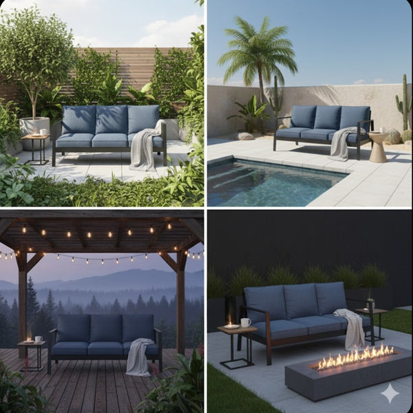 English Elm 75" Rust-proof Aluminum Outdoor Sofa with High-density Foam Cushions for Patio Lounging Black+Blue B082P454984