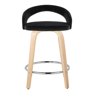 English Elm Fixed-height Swivel Counterstools with Velvet Seats Bent Wood Legs Chrome Footrest Set of 2 B202S01763