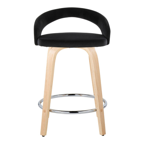 English Elm Fixed-height Swivel Counterstools with Velvet Seats Bent Wood Legs Chrome Footrest Set of 2 B202S01763