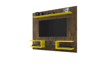 English Elm Plaza 64" TV Panel with Overhead Display Shelf, Glass Media Divider, Wire-Management & Mounting Hardware Brown+Yellow B365P398348