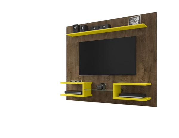 English Elm Plaza 64" TV Panel with Overhead Display Shelf, Glass Media Divider, Wire-Management & Mounting Hardware Brown+Yellow B365P398348