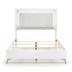 English Elm Glam Queen Bed Chenille Headboard with Led Lighting Faux Marble Chrome Legs B011S02252