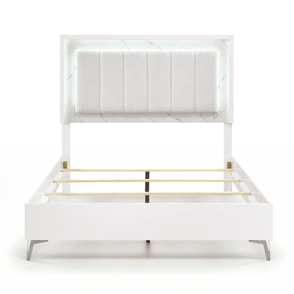 English Elm Glam Queen Bed Chenille Headboard with Led Lighting Faux Marble Chrome Legs B011S02252