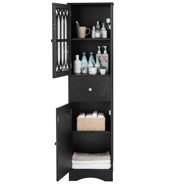 English Elm Tall Bathroom Cabinet Slim Freestanding Storage with Drawer & Doors, Adjustable Shelves, MDF Build Black WF289427AAB