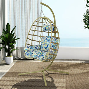 English Elm Egg Hanging Chair with Stand Pe Rattan Swing Seat Washable Cushion 350lb Capacity T5880P497438