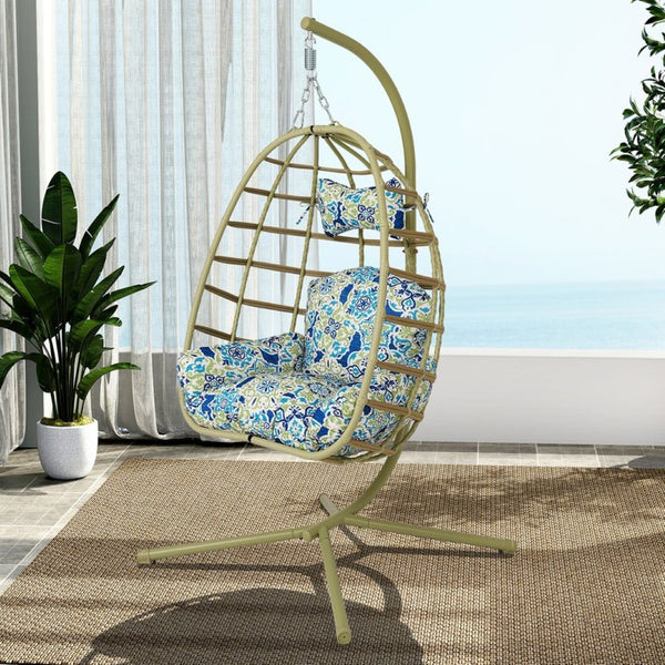 English Elm Egg Hanging Chair with Stand Pe Rattan Swing Seat Washable Cushion 350lb Capacity T5880P497438