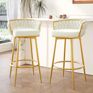 Christopher Knight Home® - Noble House - Swivel Counter Height Bar Stools Set Of 2,31.5"Bar Height Stools With Hand-Woven Backrest & Gold Metal Legs,Modern Low Back Upholstered Kitchen Chairs With Footrest For Island,Dining Room,Beige