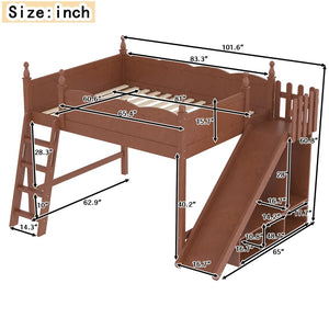 English Elm Queen Solid Pine Loft Bed with Wardrobe Shelves Detachable Slide and Dual Sleeping Zones Antique Natural W5305S00030