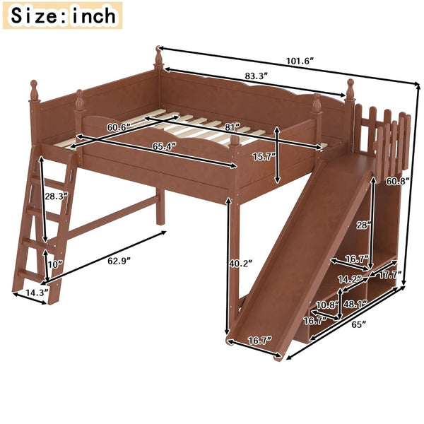 English Elm Queen Solid Pine Loft Bed with Wardrobe Shelves Detachable Slide and Dual Sleeping Zones Antique Natural W5305S00030