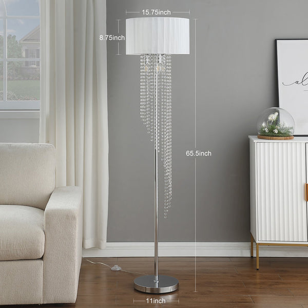 English Elm 65.75"H Sheer White Drum Shade Floor Lamp with Cascade Crystal Raindrops, Chrome Metal Elegance for Living Room Silver+White B072P220160