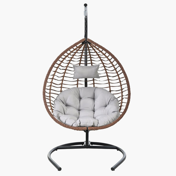 English Elm U_style Wicker Hanging Egg Chair with Stand Foldable Indoor Outdoor Swing Seat Brown+Gray N711P389502G